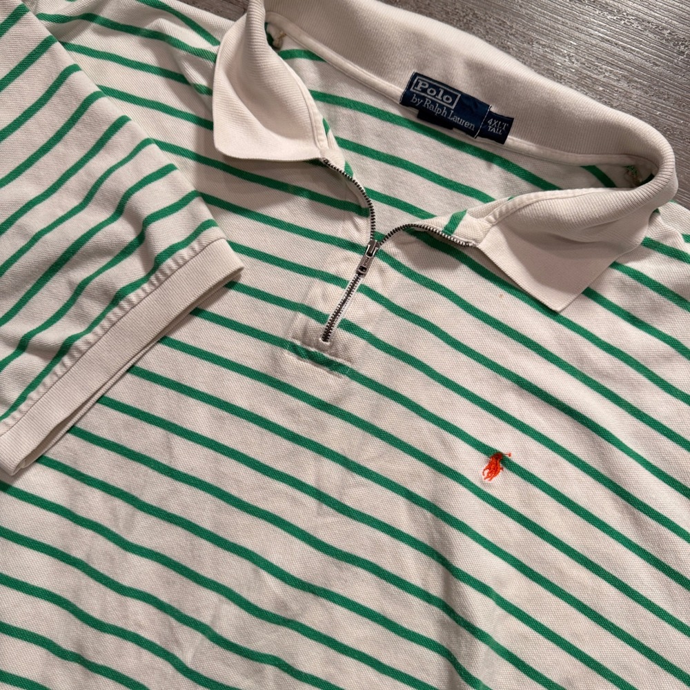Polo Ralph Lauren Shirt Mens 4XLT Green Striped Cotton Vintage Pique Zip Zip